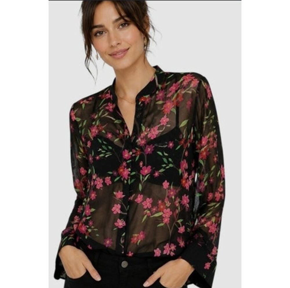 Alice & Olivia Eloise Silk Floral Print Sheer Blouse Size Small